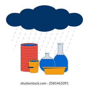 Rain falling from rainy cloud into various containers cartoon flat illustration. Rainwater harvesting in barrel, bucket, basin, flasks 2D scene isolated on white background. Vector colorful image