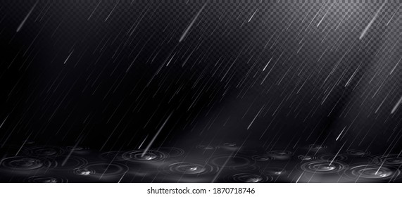 Rain, falling water drops and puddle ripples on transparent background. Shower droplets, storm or downpour texture, pure aqua pattern, fall season rainy weather, Realistic 3d vector illustration