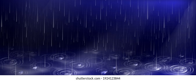 Lluvia, caída de gotas de agua y olas de charco sobre fondo azul oscuro. Gotas de ducha, textura de tormenta o aguacero, patrón acuático puro, clima lluvioso de temporada otoño, ilustración vectorial 3d realista