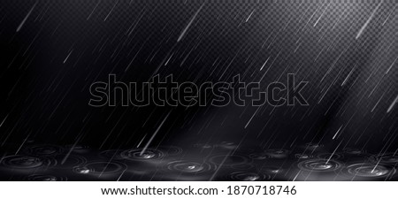 Rain, falling water drops and puddle ripples on transparent background. Shower droplets, storm or downpour texture, pure aqua pattern, fall season rainy weather, Realistic 3d vector illustration 商業照片 © 