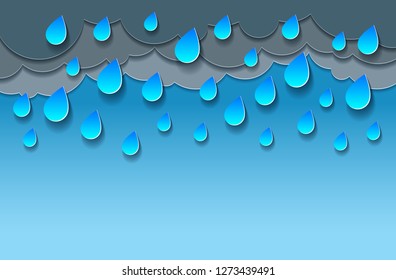 Rain with falling water drops vector modern style paper cut cartoon illustration.