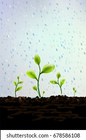 Rain falls on small green plants sprouting from soil - vector illustration