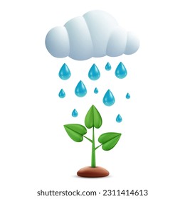 Rain falls from white cloud on green plant. 3d cartoon garden design composition in modern minimal style. Vector bright concept or illustration.