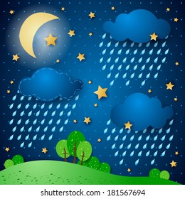Rain, fantasy illustration at night. Vector 