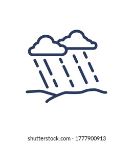 Rain in field thin line icon. Cloud, thunderstorm, stormy weather isolated outline sign. Nature, weather forecast, countryside concept. Vector illustration symbol element for web design and apps