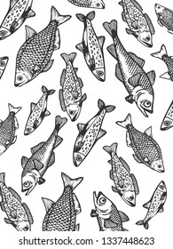 Rain of fish sketch engraving vector illustration. Scratch board style imitation. Hand drawn image.