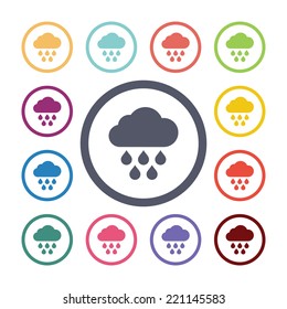 rain flat icons set. Open round colorful buttons. Vector 