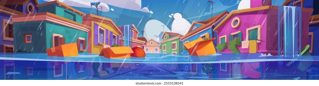 Rain and flood disaster after hurricane in city. Natural storm damage on building street. Environmental crisis and danger climate catastrophe scene with underwater town. Stormy weather emergency