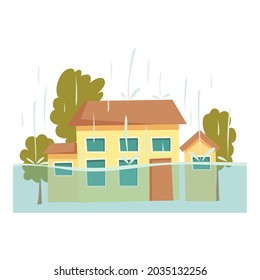 Rain flood house icon cartoon vector. City water disaster. Home storm insurance