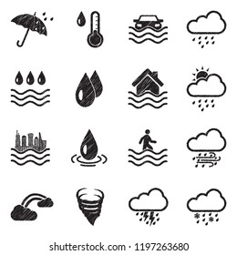 Rain And Flood Icons. Black Scribble Design. Vector Illustration.