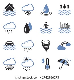 Rain And Flood Icons. Two Tone Flat Design. Vector Illustration.