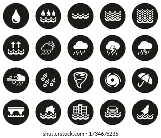 Rain & Flood Icons White On Black Flat Design Circle Set Big