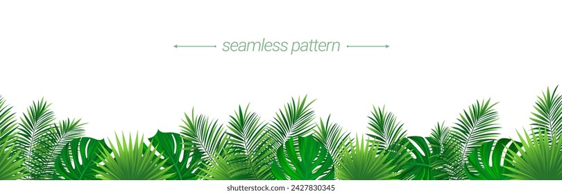 Rain forest foliage repeated wallpaper. Green tropical seamless border frame. Amazon floral vector illustration. Jungle plants template banner. Summer repeated background for travel, clothes prints.