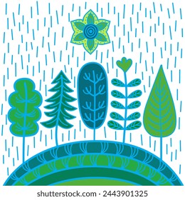 Rain in the forest. Green garden of trees on a hill. Nature conservation theme in flat style. Poster, postcard, vector illustration.
