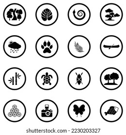 Iconos Forestales Lluviosos. Diseño Plano Negro En Círculo. Ilustración vectorial.
