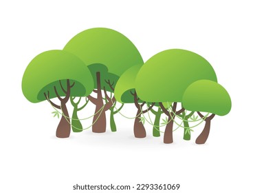 Rain forest illustration. Group of tropical trees isolated on a white background. Vector 10 EPS.