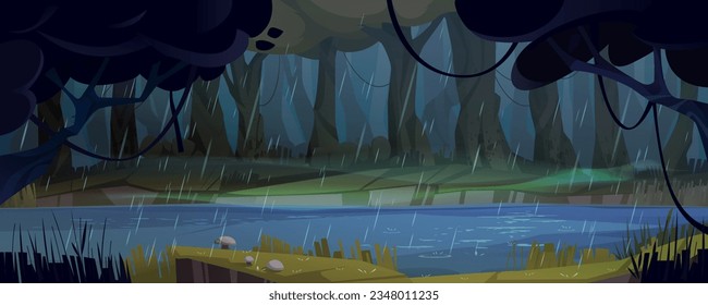 Lluvia en el bosque con el fondo del paisaje vectorial del lago. Caída de las gotas de lluvia en la ilustración de la naturaleza del agua de los ríos. Clima de primavera para el diseño de un entorno de aventura al aire libre. Parque de bosques con paisaje de setas