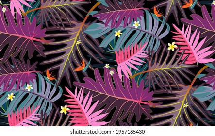 Rain forest leaf color seamless pattern. Tropical flower leaves, tropical jungle plants and exotic floral branch. Hawaii wallpaper or textile fabric print with leaf vector background.