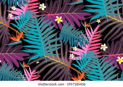 Rain forest leaf color seamless pattern. Tropical flower leaves, tropical jungle plants and exotic floral branch. Hawaii wallpaper or textile fabric print with leaf vector background.