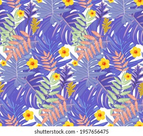 Rain forest leaf color seamless pattern. Tropical flower leaves, tropical jungle plants and exotic floral branch. Hawaii wallpaper or textile fabric print with leaf vector background.