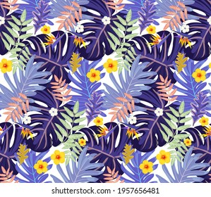 Rain forest leaf color seamless pattern. Tropical flower leaves, tropical jungle plants and exotic floral branch. Hawaii wallpaper or textile fabric print with leaf vector background.