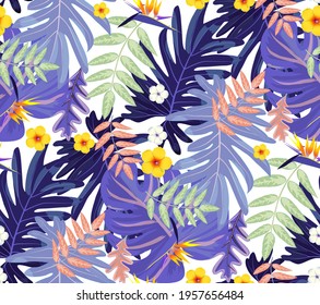 Rain forest leaf color seamless pattern. Tropical flower leaves, tropical jungle plants and exotic floral branch. Hawaii wallpaper or textile fabric print with leaf vector background.