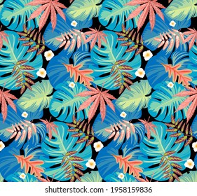 Rain forest leaf color seamless pattern. Tropical flower leaves, tropical jungle plants and exotic floral branch. Hawaii wallpaper or textile fabric print with leaf vector background.