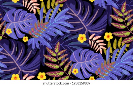 Rain forest leaf color seamless pattern. Tropical flower leaves, tropical jungle plants and exotic floral branch. Hawaii wallpaper or textile fabric print with leaf vector background.