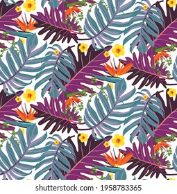 Rain forest leaf color seamless pattern. Tropical flower leaves, tropical jungle plants and exotic floral branch. Hawaii wallpaper or textile fabric print with leaf vector background.