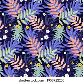 Rain forest leaf color seamless pattern. Tropical flower leaves, tropical jungle plants and exotic floral branch. Hawaii wallpaper or textile fabric print with leaf vector background.