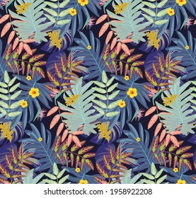 Rain forest leaf color seamless pattern. Tropical flower leaves, tropical jungle plants and exotic floral branch. Hawaii wallpaper or textile fabric print with leaf vector background.