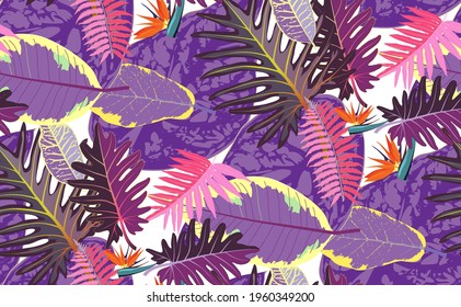 Rain forest leaf color seamless pattern. Tropical flower leaves, tropical jungle plants and exotic floral branch. Hawaii wallpaper or textile fabric print with leaf vector background.