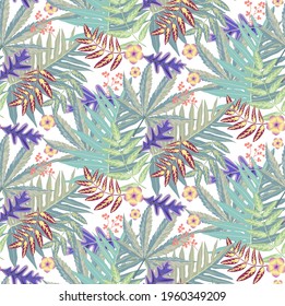 Rain forest leaf color seamless pattern. Tropical flower leaves, tropical jungle plants and exotic floral branch. Hawaii wallpaper or textile fabric print with leaf vector background.