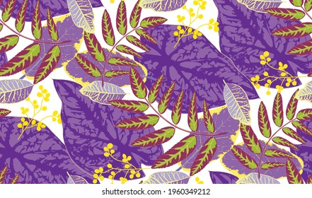 Regenwaldblatt Farbe nahtlos Muster. Tropische Blumenblätter, tropische Dschungelpflanzen und exotische Blumenzweige. Hawaii-Tapete oder Stoffdruck mit Blatt-Vektorhintergrund.