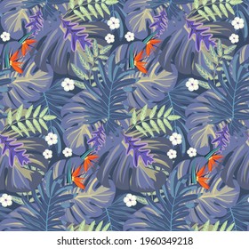 Rain forest leaf color seamless pattern. Tropical flower leaves, tropical jungle plants and exotic floral branch. Hawaii wallpaper or textile fabric print with leaf vector background.