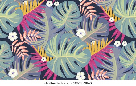 Rain forest leaf color seamless pattern. Tropical flower leaves, tropical jungle plants and exotic floral branch. Hawaii wallpaper or textile fabric print with leaf vector background.
