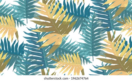 Rain forest leaf color seamless pattern. Tropical flower leaves, tropical jungle plants and exotic floral branch. Hawaii wallpaper or textile fabric print with leaf vector background.