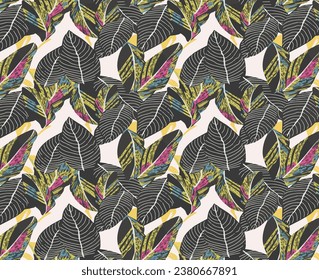 Rain forest leaf color seamless pattern. Tropical flower leaves, tropical jungle plants and exotic floral branch. Hawaii wallpaper or textile fabric print.