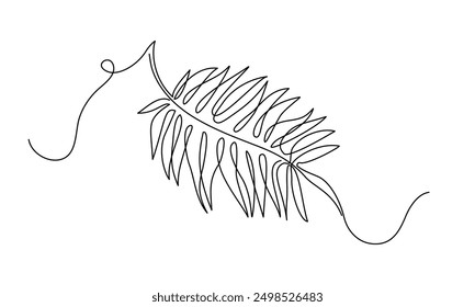 Rain forest leaf in one continuous line drawing. One line poster. Outline leaf. Element for interior design and presentations. Vector illustration.