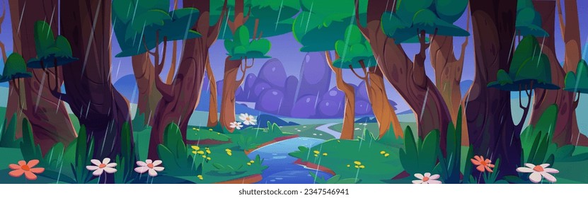 Rain in forest with river nature cartoon landscape background. Green grass and chamomile in beautiful location with spring weather. Falling raindrop in water. Illustrated valley with tree and creek