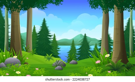 Rain forest with swamp or lake, pine trees and lush grass vector Illustration