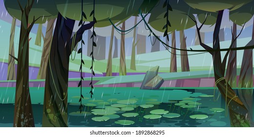 Rain in forest with swamp or lake and water lilies floating. Nature landscape with marsh in deep wood. Fantasy mystic scenery background with wild pond covered with ooze, Cartoon vector illustration