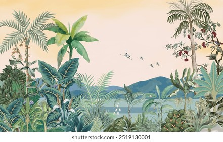 Rain Forest Tropical Jungle Painting Wallpaper, Southeast Asian Jungle Landscape Wall Mural Wall Decor