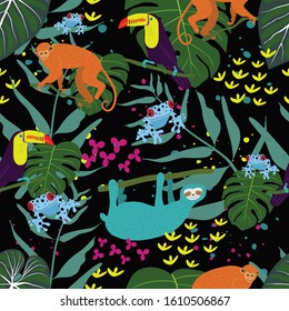 Rain forest tropical jungle seamless  pattern with colorful poison dart frogs, toucan, monkey, sloth and foliage.