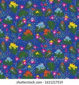 Rain forest tropical jungle seamless pattern with colorful poison dart frogs and foliage.