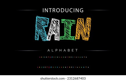Rain Funky colorful cartoon font type. Vector alphabet