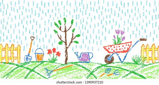 Rain in garden. Seamless summer border background gardening tools or farm set. Like child hand drawing outdoor copy space. Crayon pencil vector flower, watering can, shovel, fence, cart, plant, rake