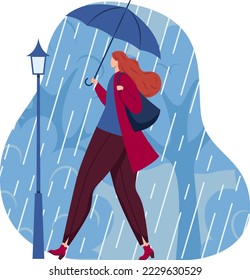 Rain girl coming, umbrella concept, autumn weather, rainy season, water nature, design, in cartoon style vector illustration.