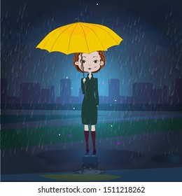 It is rain.  A girl is wearing green raincoat and rubber boats standing in puddle under an umbrella.