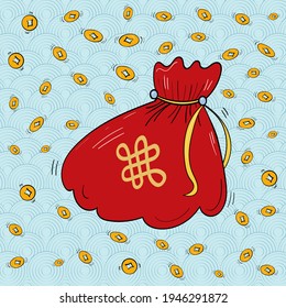 Rain from Gold Coins. Chinese lucky bag. Symbol of Chinese New Year. Vector design element.